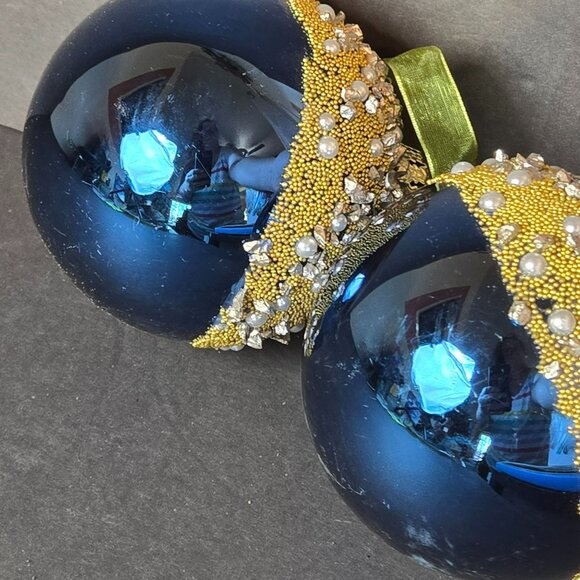 Frontgate Royal Blue Gold Beaded Pearl Glass Ornaments Set Of 2 Luxury 4 Inch - Picture 5 of 10